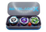 The Beyblade X Pocket deck box in grey and sky blue. Currently open revealing the three beys inside which include Emperor Pegasus Blast Heavy 3-60 Level, Shark Scale 1-70 Low Rush, and Wizard Rod (Wand Wizard) 1-60 Hexa