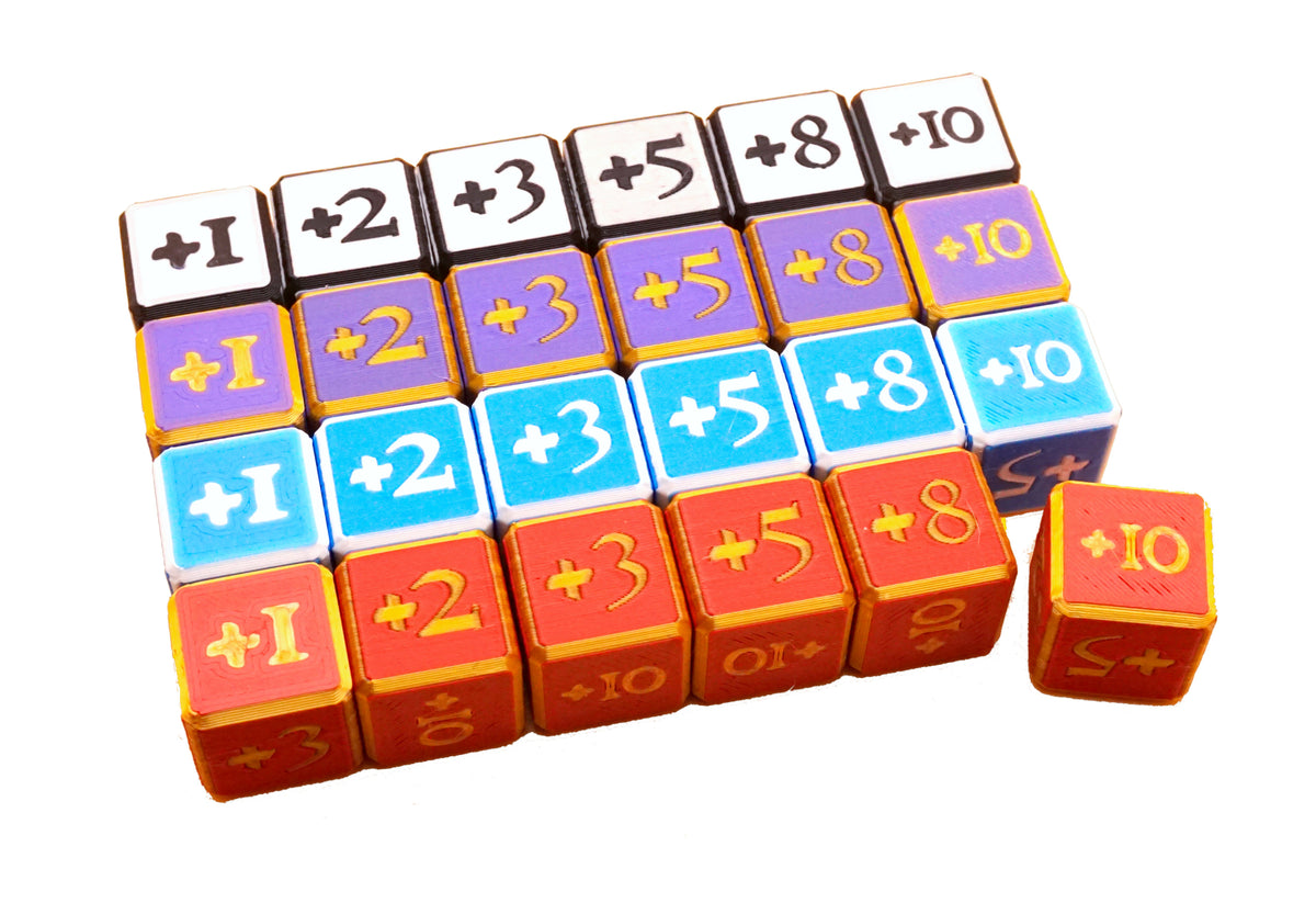 Positive Dice shown in multiple color combinations with the various digits available on the dice, all against a white background