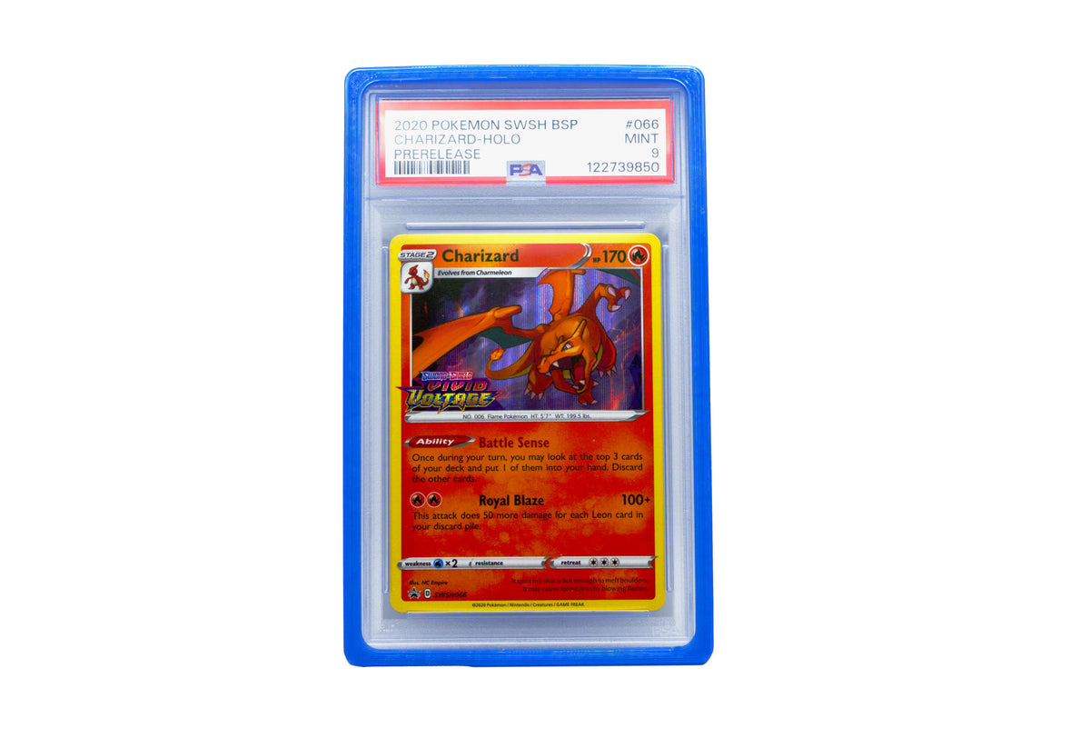 The blue PSA Card Slab Protector shown with Charizard from the Pokemon TCG in it against a white background
