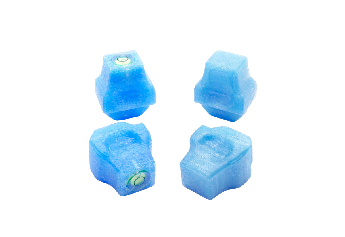The Stadium Level Locks for Beyblade X stadiums shown in blue. With two having levels and two without levels. These will work for both Takara Tomy and Hasbro stadiums