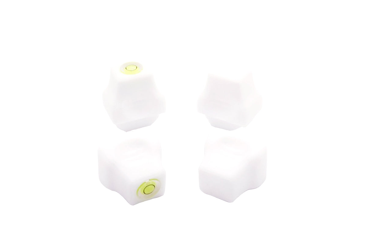 The Stadium Level Locks for Beyblade X stadiums shown in white. With two having levels and two without levels. These will work for both Takara Tomy and Hasbro stadiums