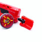 The red emperor full grip launcher with the cherry Thumb Tab next to the Clock Mirage beyblade against a white background
